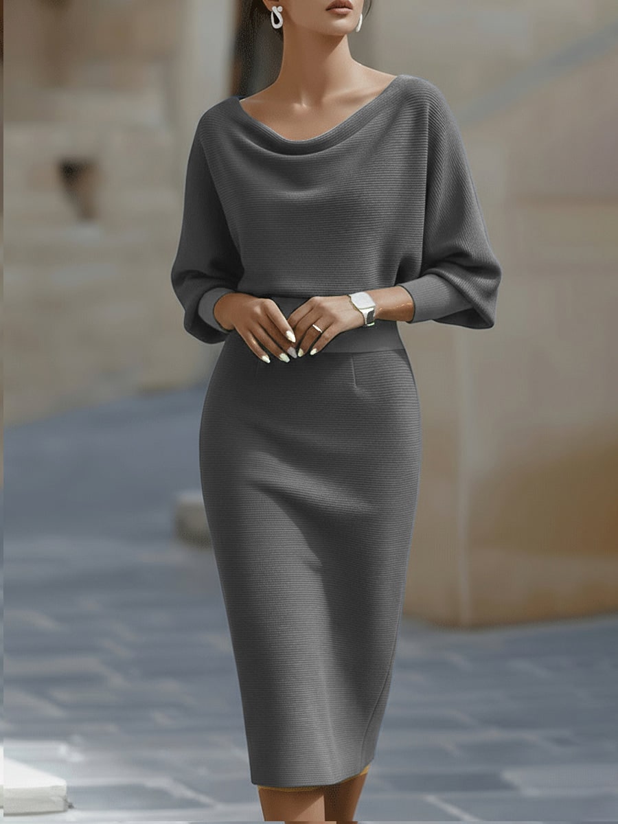 Cowl-Neck Batwing Midi Dress - Gray