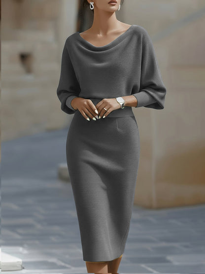 Cowl-Neck Batwing Midi Dress - Gray