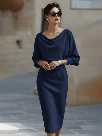 Cowl-Neck Batwing Midi Dress - Navy