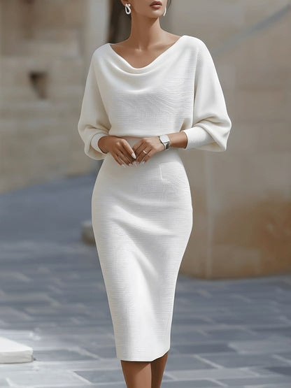 Cowl-Neck Batwing Midi Dress - White