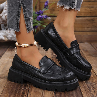 Croc Embossed Vamp Strap Moc Toe Lug Sole Loafers for Women - Black Matte