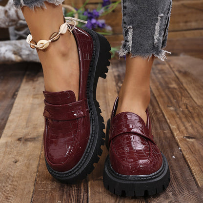 Croc Embossed Vamp Strap Moc Toe Lug Sole Loafers for Women - Burgundy