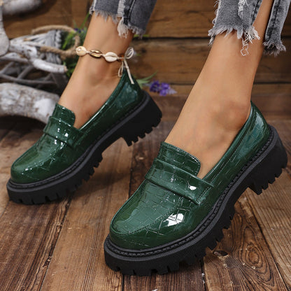 Croc Embossed Vamp Strap Moc Toe Lug Sole Loafers for Women