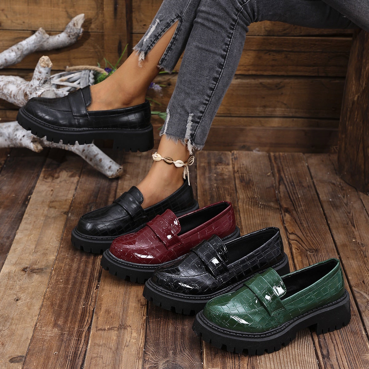 Croc Embossed Vamp Strap Moc Toe Lug Sole Loafers for Women