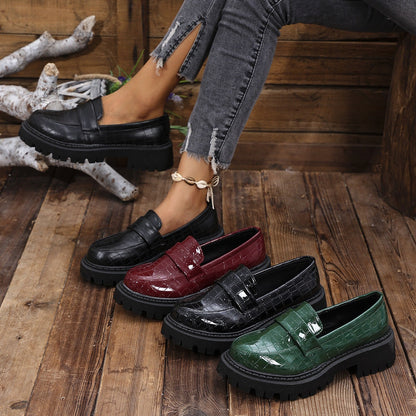 Croc Embossed Vamp Strap Moc Toe Lug Sole Loafers for Women