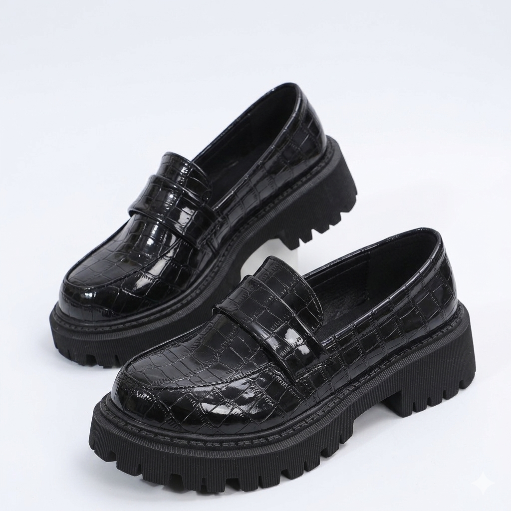 Croc Embossed Vamp Strap Moc Toe Lug Sole Loafers for Women