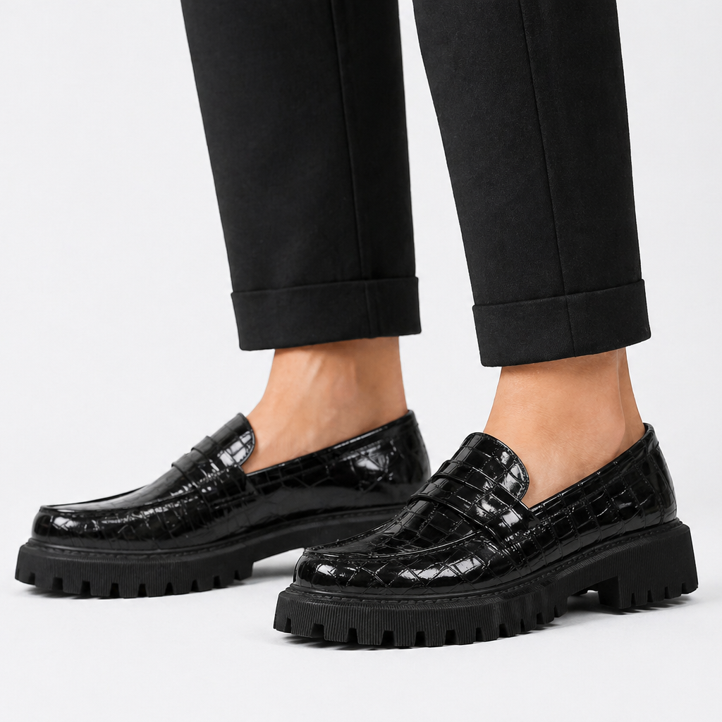 Croc Embossed Vamp Strap Moc Toe Lug Sole Loafers for Women