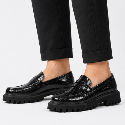 Croc Embossed Vamp Strap Moc Toe Lug Sole Loafers for Women