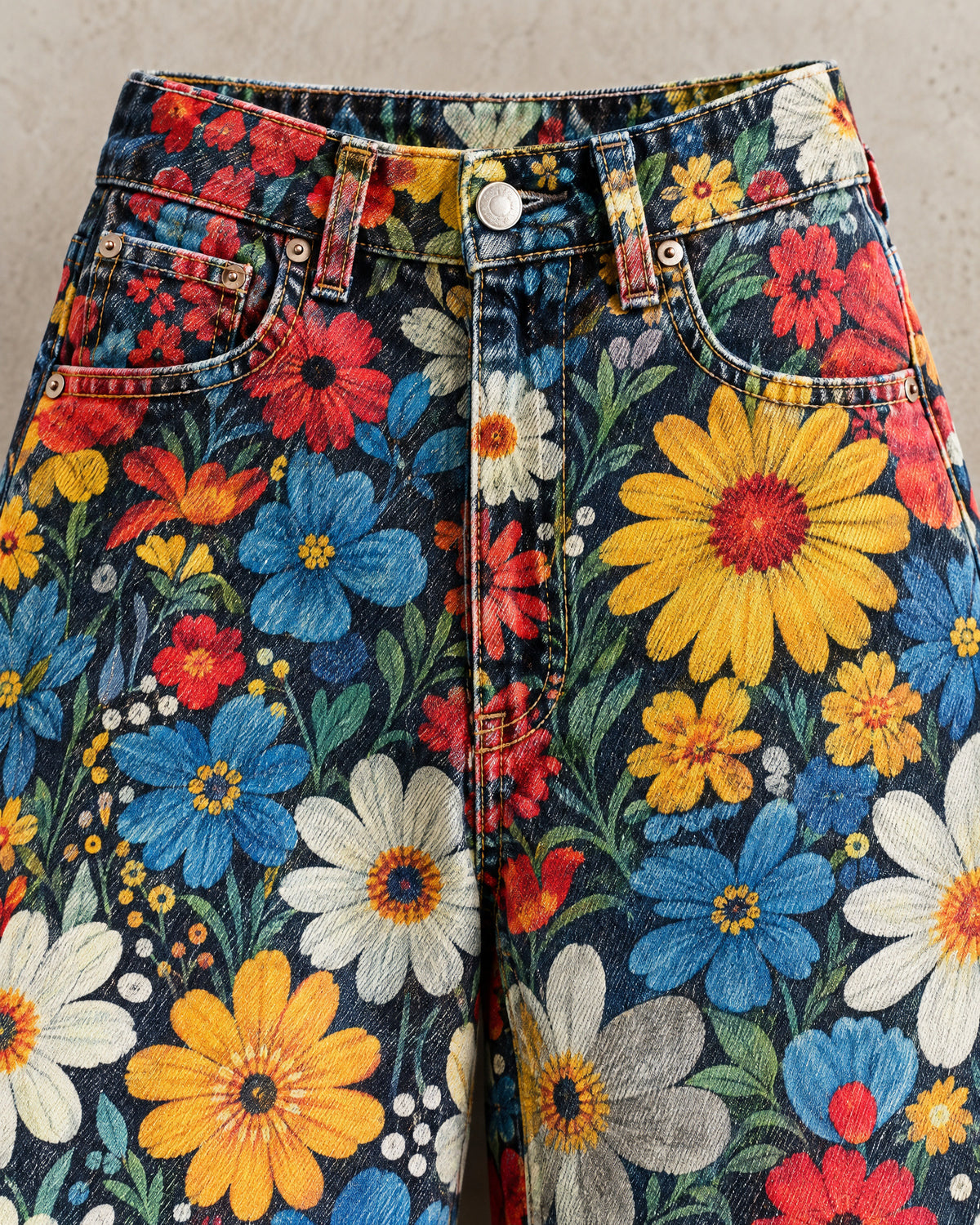 Floral Print High-Waist Wide-Leg Denim Jeans for Women – close-up detail