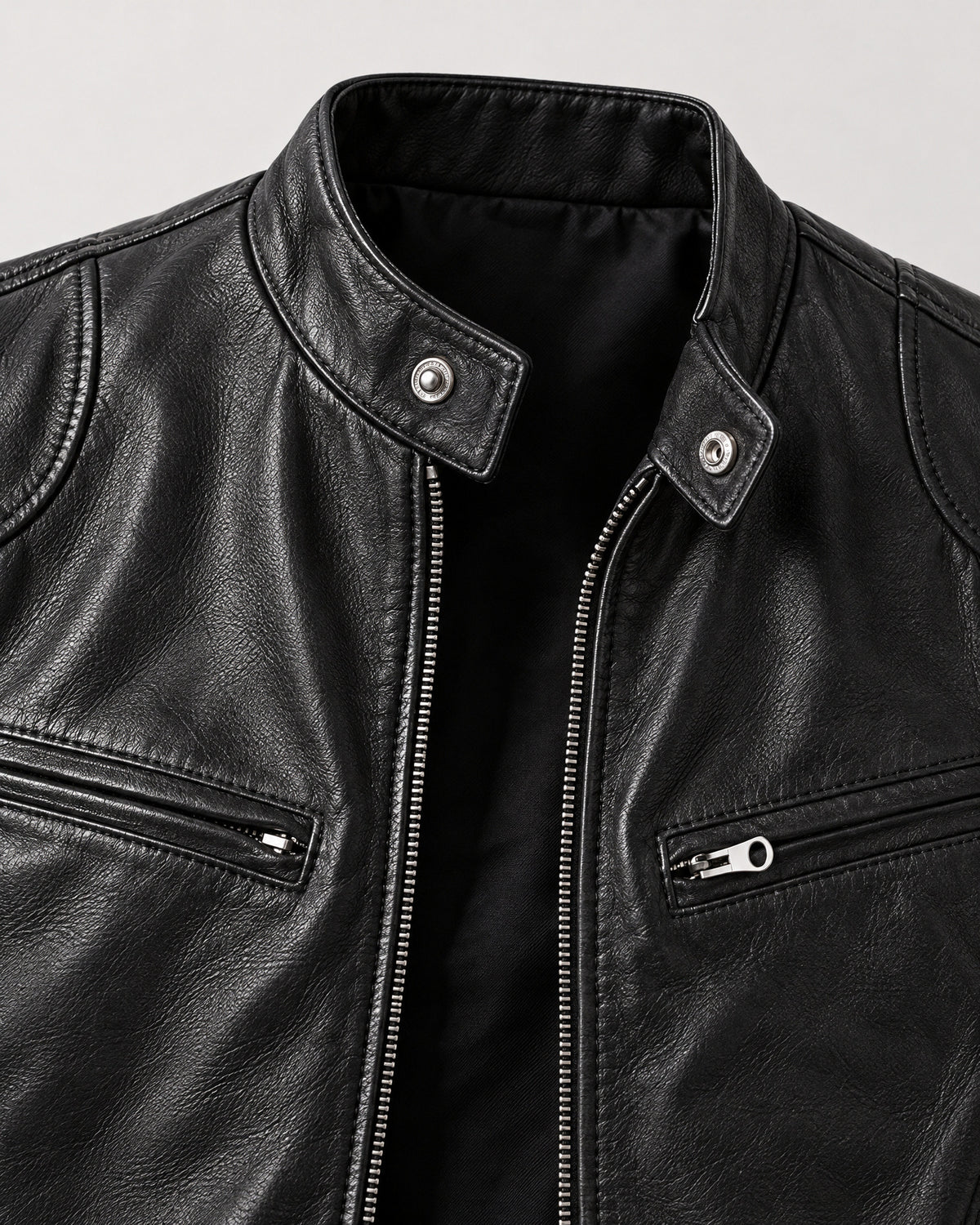 Stand Collar Leather Jacket for Men – close-up detail
