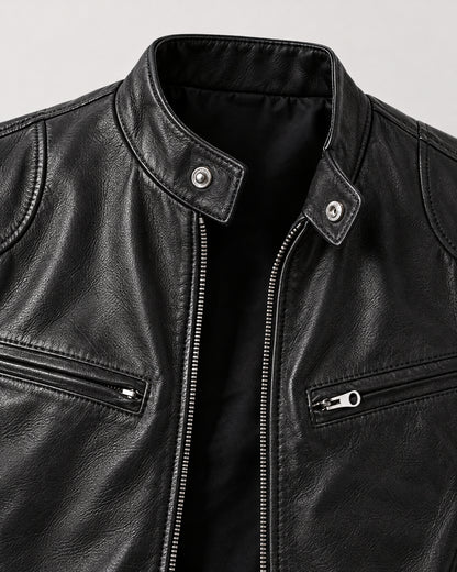 Stand Collar Leather Jacket for Men – close-up detail