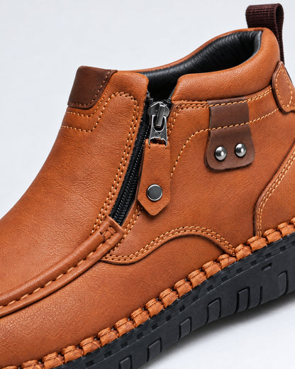 Leather Moccasin Zip Ankle Boots for Men – close-up detail