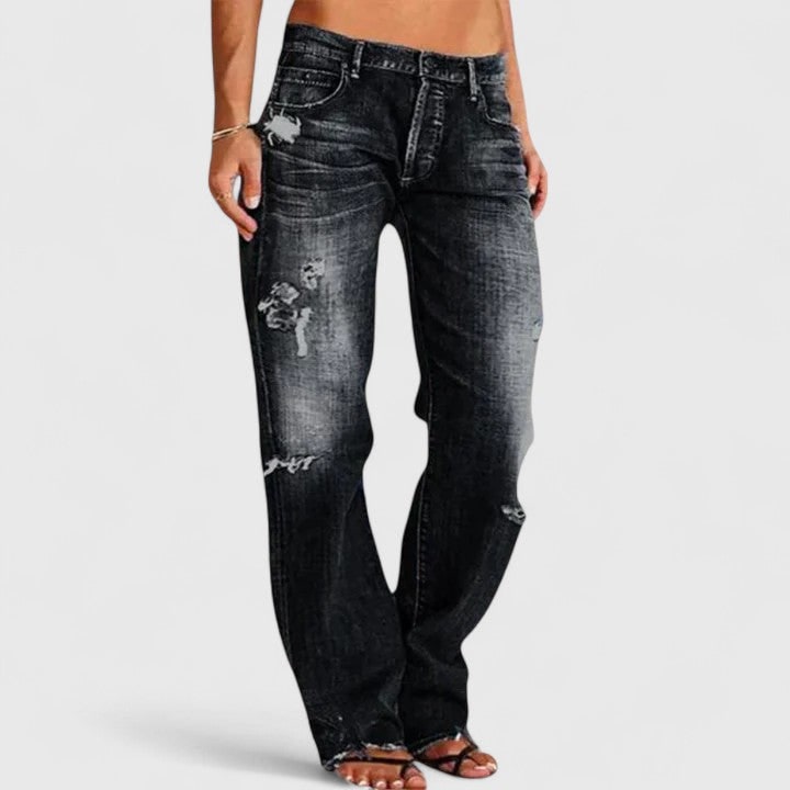 Distressed Low Rise Straight Leg Jean for Women - Black