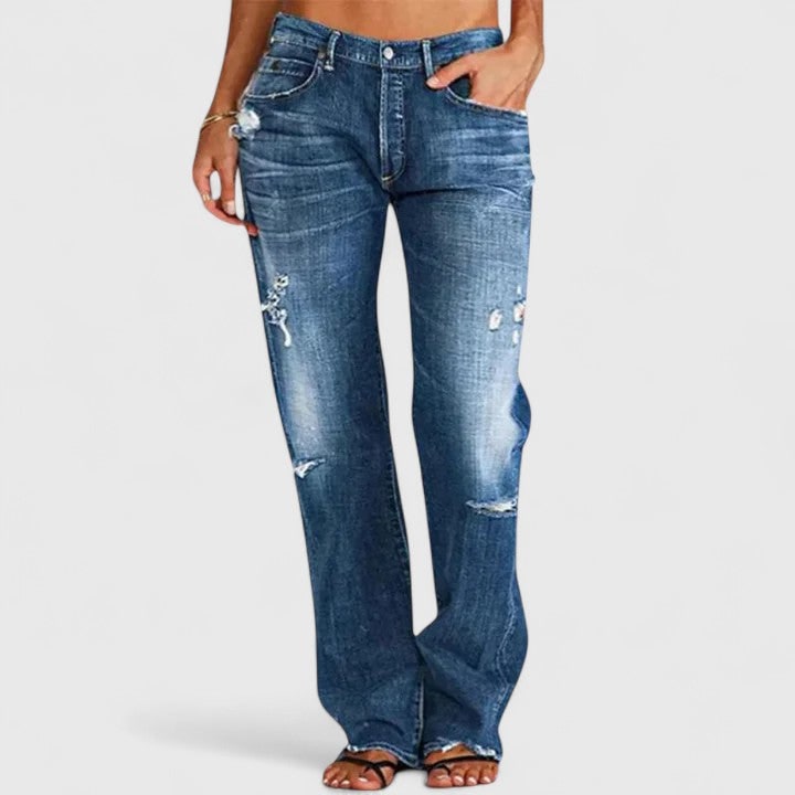 Distressed Low Rise Straight Leg Jean for Women - Dark Blue
