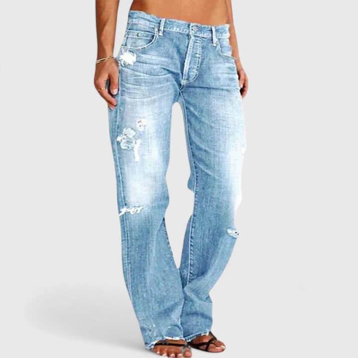 Distressed Low Rise Straight Leg Jean for Women - Light Blue