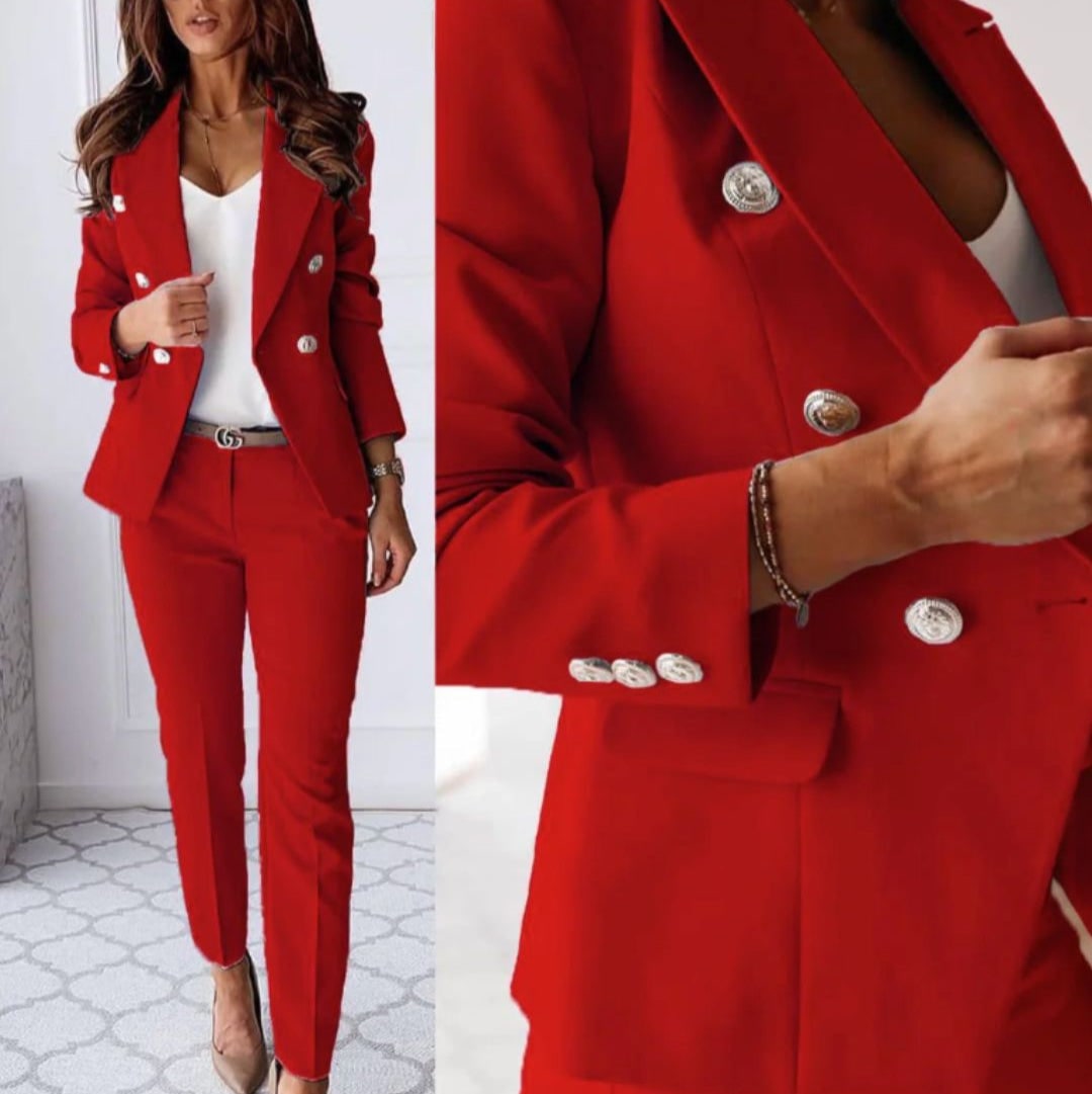 Double-Breasted Suit Set for Women - Red