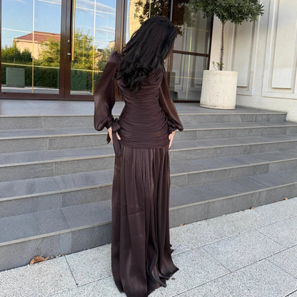 Draped O-Neck Long Sleeve Maxi Formal Dress for Women - Dark brown