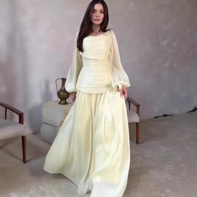 Draped O-Neck Long Sleeve Maxi Formal Dress for Women