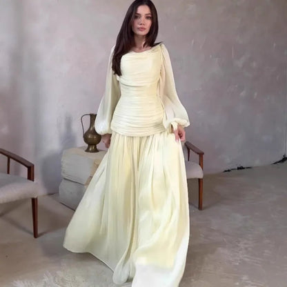 Draped O-Neck Long Sleeve Maxi Formal Dress for Women