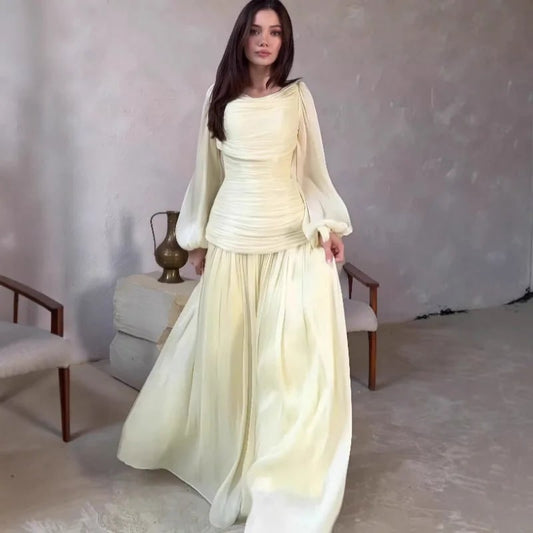 Draped O-Neck Long Sleeve Maxi Formal Dress for Women