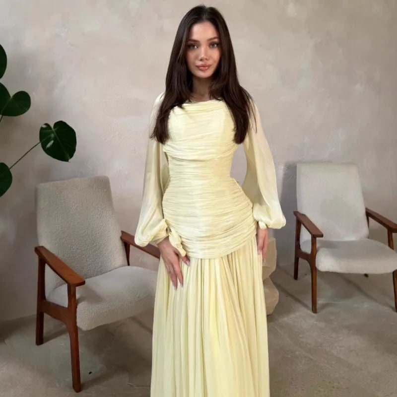 Draped O-Neck Long Sleeve Maxi Formal Dress for Women