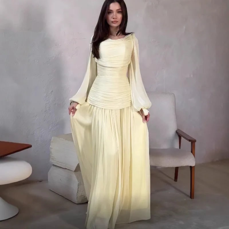 Draped O-Neck Long Sleeve Maxi Formal Dress for Women