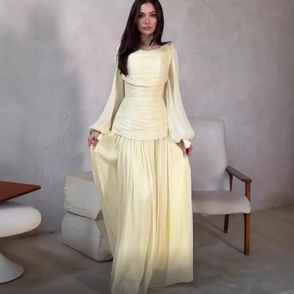 Draped O-Neck Long Sleeve Maxi Formal Dress for Women