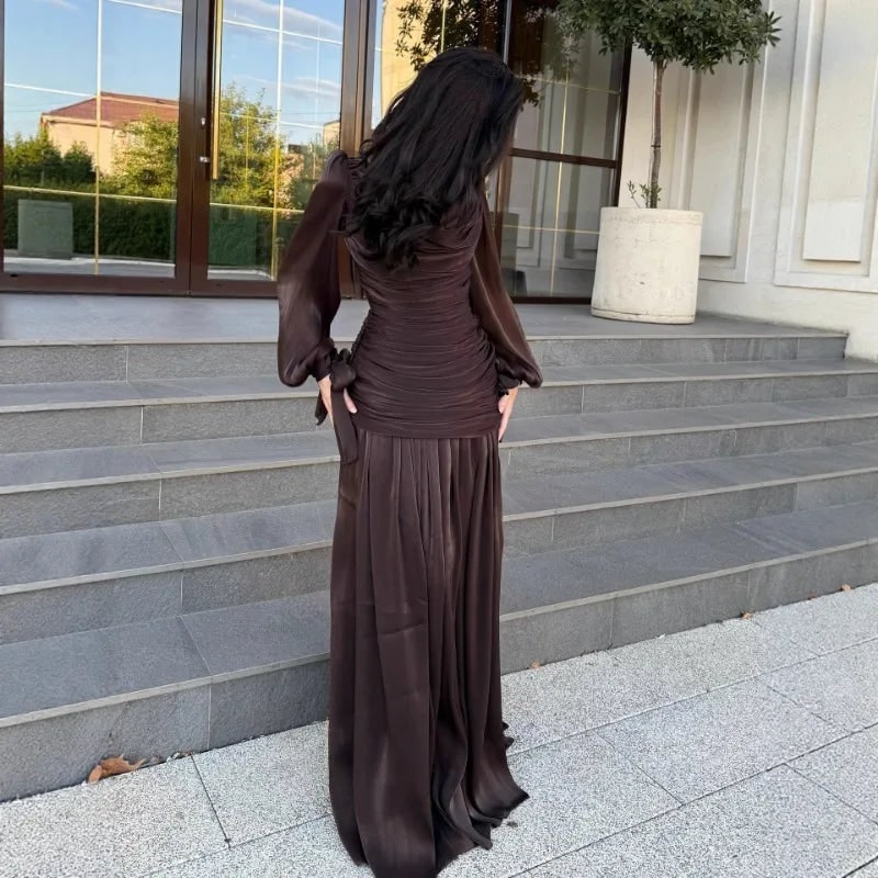 Draped O-Neck Long Sleeve Maxi Formal Dress for Women