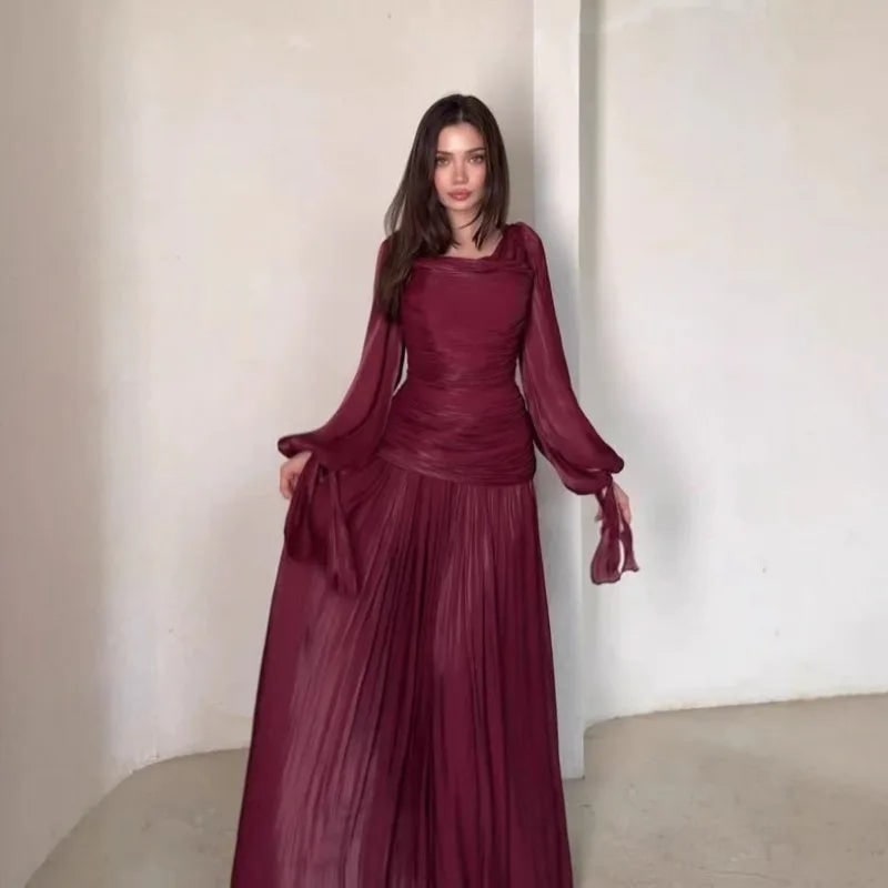 Draped O-Neck Long Sleeve Maxi Formal Dress for Women