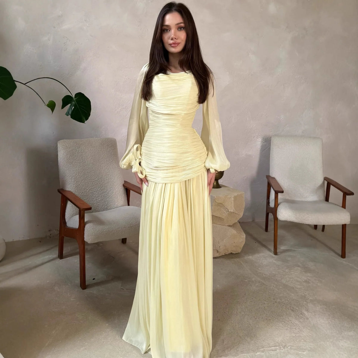 Draped O-Neck Long Sleeve Maxi Formal Dress for Women - Yellow