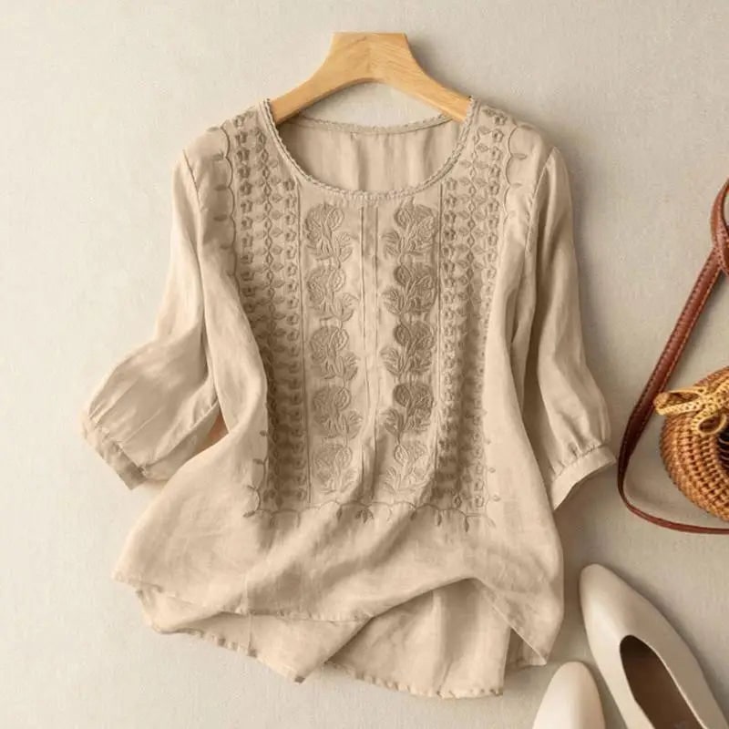– Embroidered Relaxed Blouse for Women - Beige