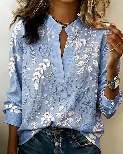 Floral High-Collar Blouse - Blue