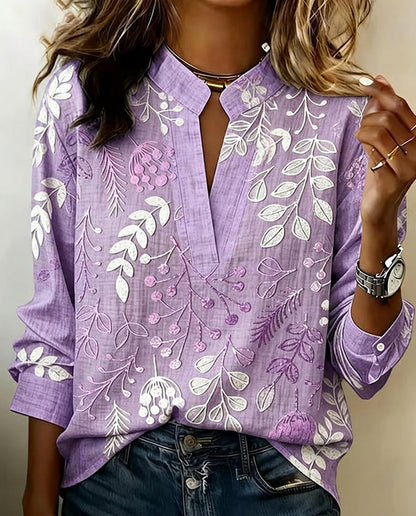 Floral High-Collar Blouse - Purple