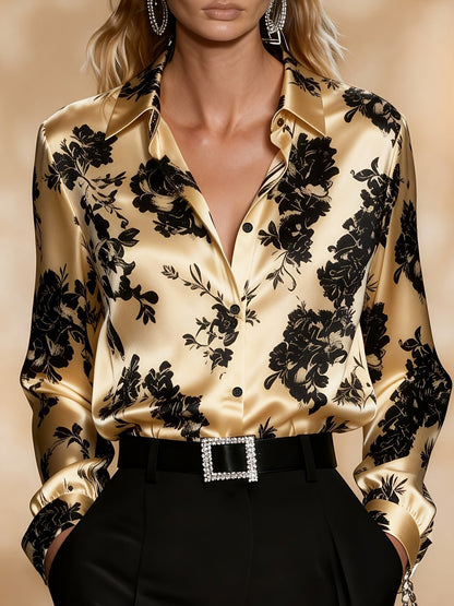 Floral Silk-Blend Button-Front Blouse for Women - Gold