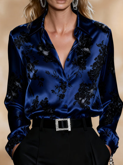 Floral Silk-Blend Button-Front Blouse for Women - Navy