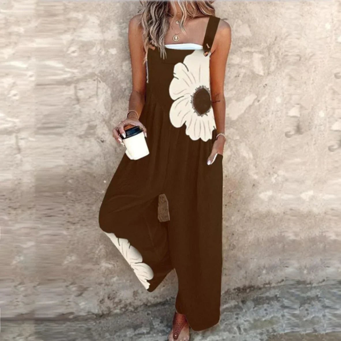 Floral Wide Leg Jumpsuit for Women - Brown