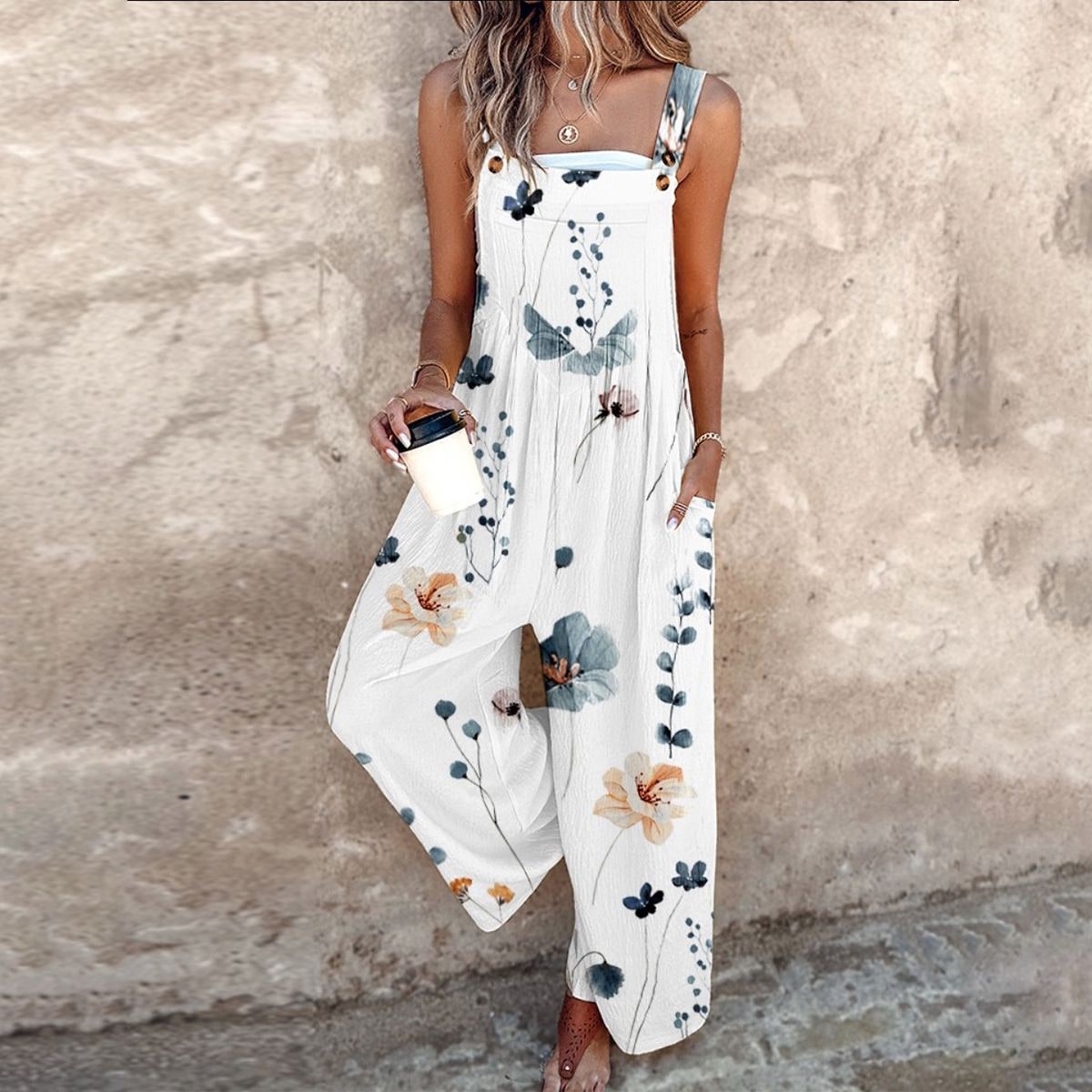 Floral Wide Leg Jumpsuit for Women - White