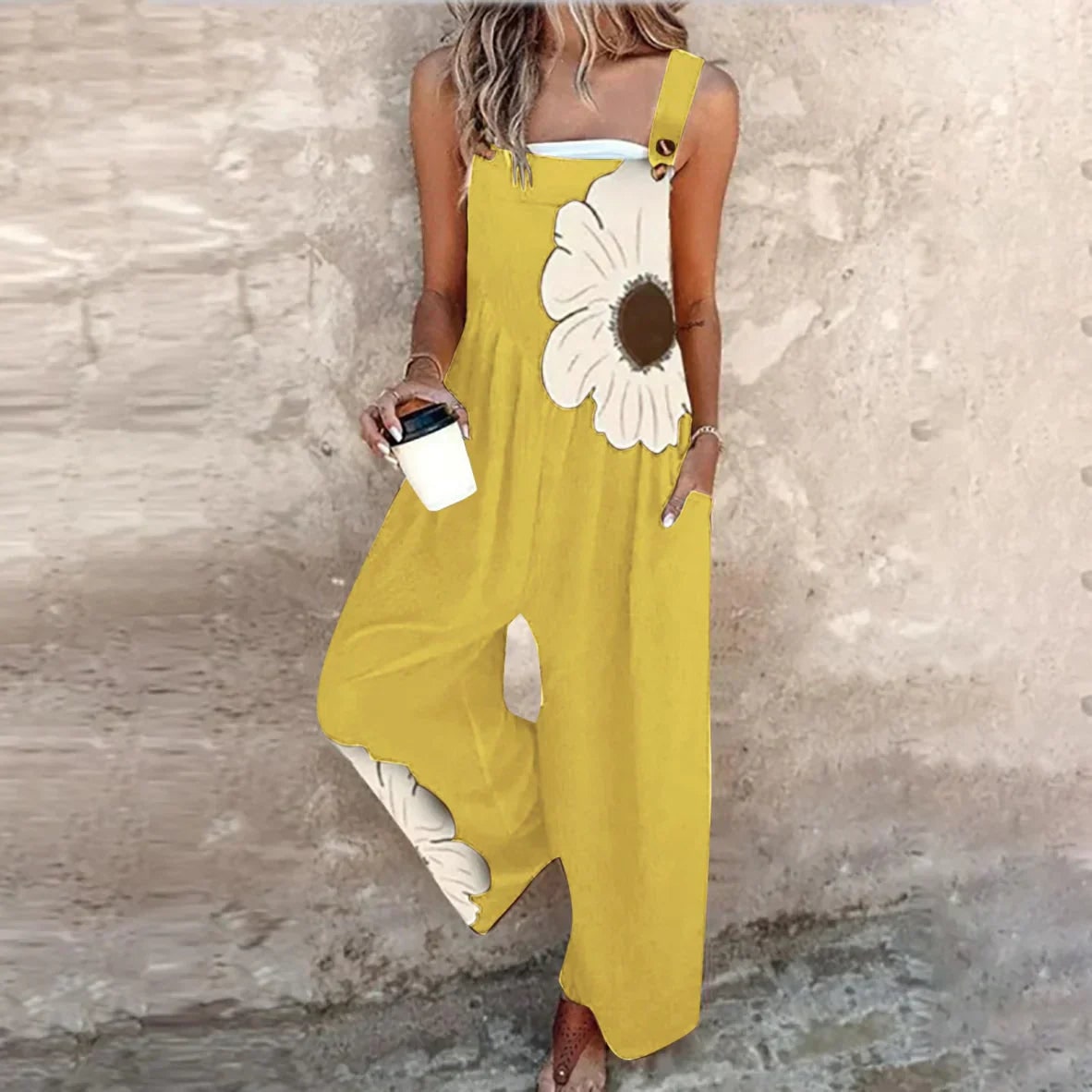 Floral Wide Leg Jumpsuit for Women - Yellow