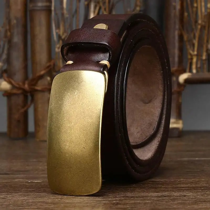 Forged Brass Buckle Leather Belt for Men - Brown