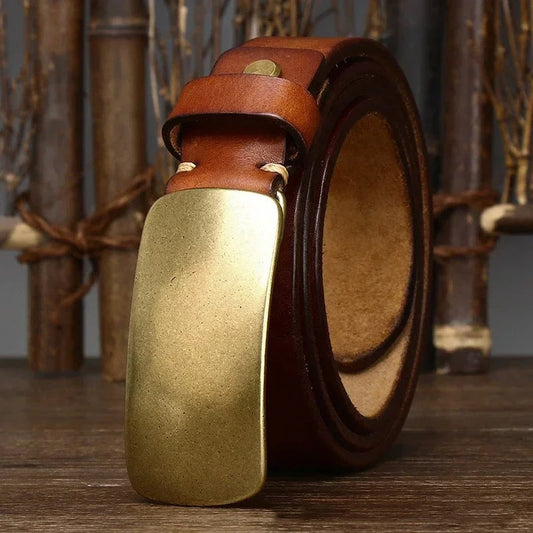 Forged Brass Buckle Leather Belt for Men - Oak Brown