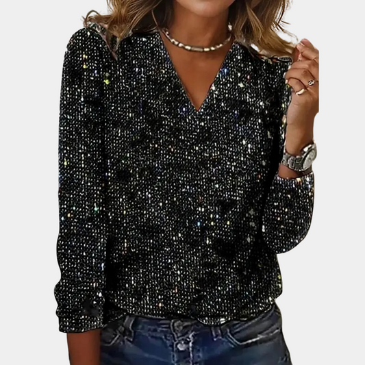 Glamorous Sequin V-Neck Party Top for Women - Black
