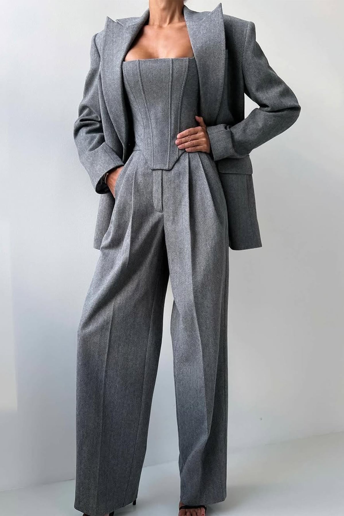 Herringbone Three-Piece Suit Set for Women - Gray