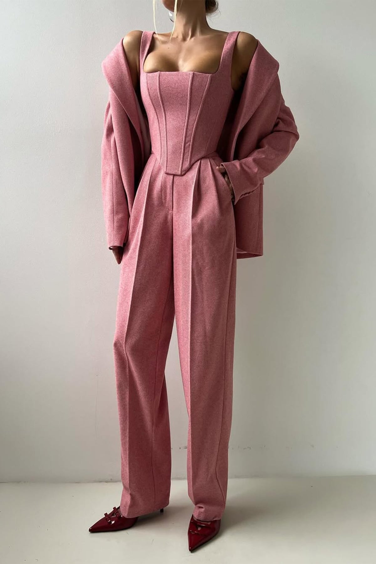 Herringbone Three-Piece Suit Set for Women - Pink