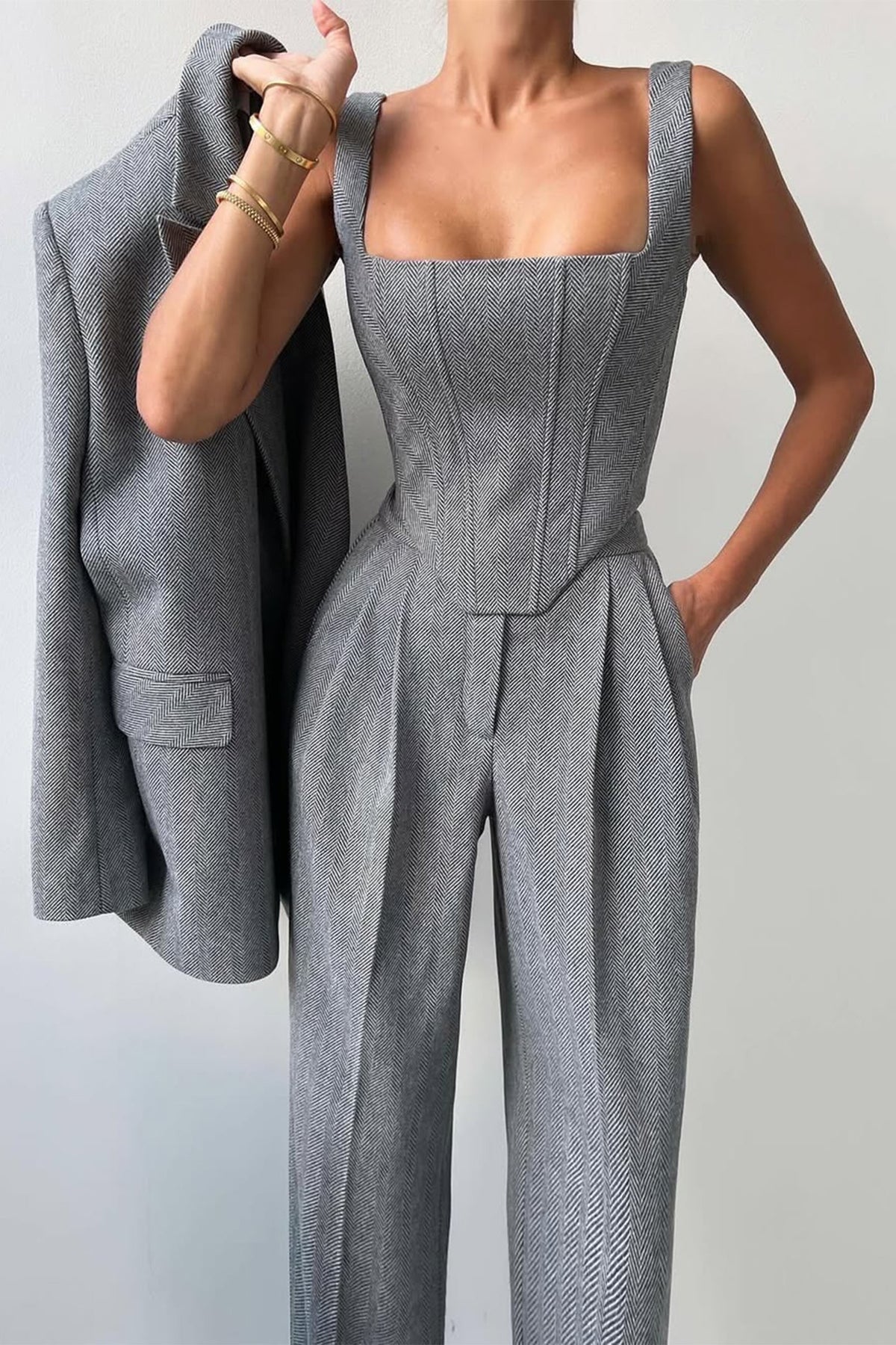Herringbone Three-Piece Suit Set for Women