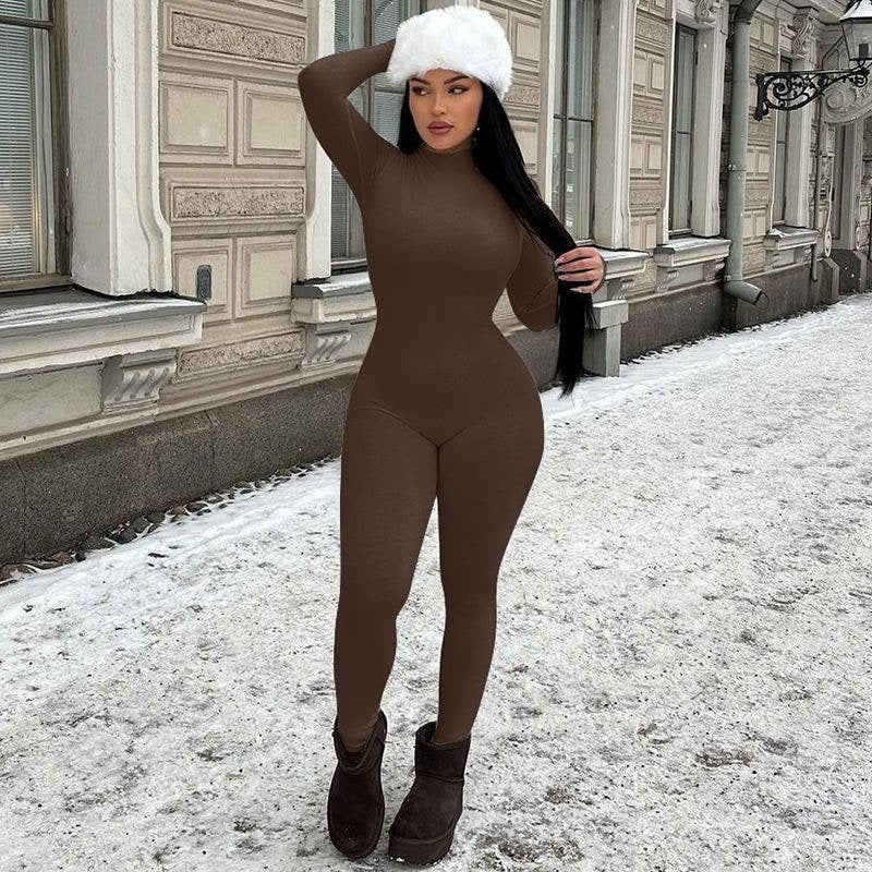 High Neck Long Sleeve Slim Leg Jumpsuit for Women - Brown