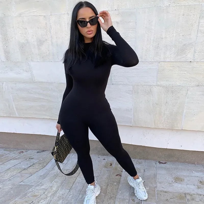 High Neck Long Sleeve Slim Leg Jumpsuit for Women