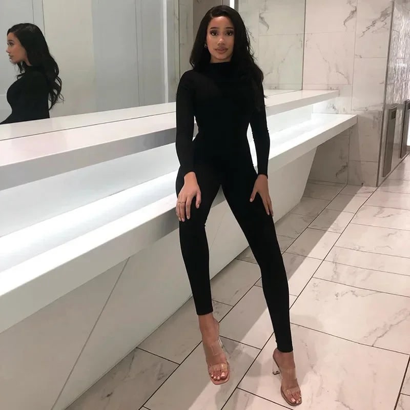High Neck Long Sleeve Slim Leg Jumpsuit for Women