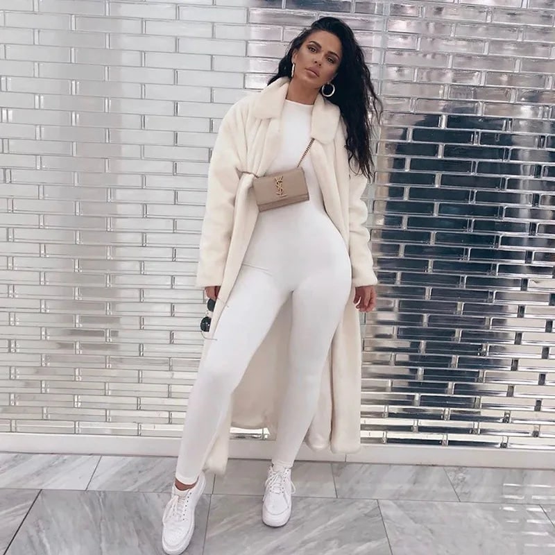 High Neck Long Sleeve Slim Leg Jumpsuit for Women - White