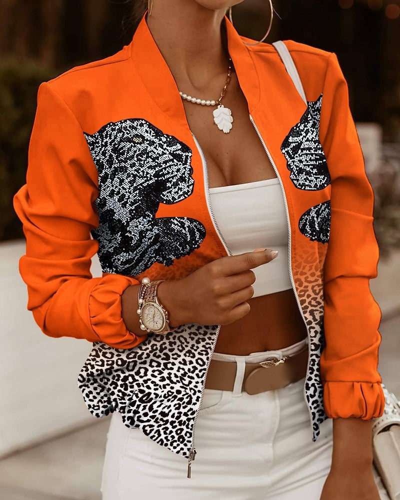 High-Neck Oversized Bomber Jacket for Women - Orange