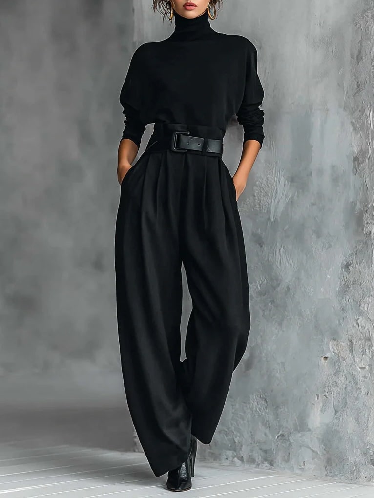 High-Neck Wide Leg Jumpsuit Set for Women - Black